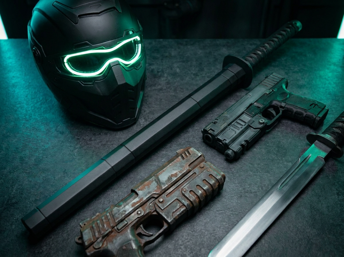 Kreator product lineup — helmet, pistols, and katana